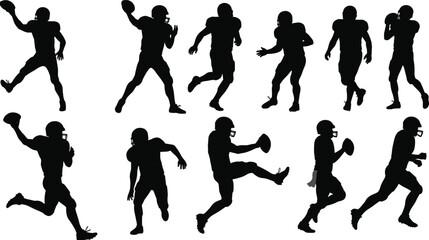 American football player silhouette poses collection, quarterback throwing, running, kicking, athletic sports action vector set for team game design, isolated illustration, black figures