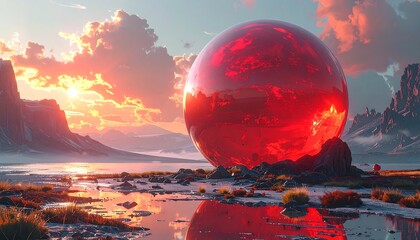 Red sphere landscape at sunset