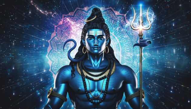 Conceptual digital artwork of Lord Shiva reimagined in a futuristic divine style — glowing metallic blue armor, holographic trident, surrounded by digital mandala patterns.  - Powered by Adobe