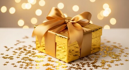 Beautiful Gold Gift Box with Ribbon and Star Confetti Surrounded by Festive Bokeh Lights