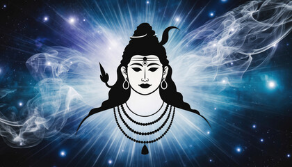 Modern abstract illustration of Lord Shiva’s silhouette emerging from swirling smoke and cosmic light. Minimal details with blue, indigo, and silver tones 
