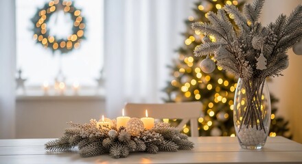 A Festive Christmas Table Decoration with Candles and a Decorated Tree in the Background