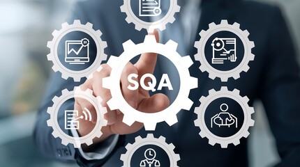SQA (Software Quality Assurance). Representing goals, process improvement, software testing, validation, certification, and teamwork. Symbolizing interaction, automation, and quality management