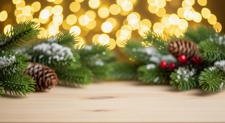 Festive Holiday Season Background with Pine Branches and Bokeh Lights