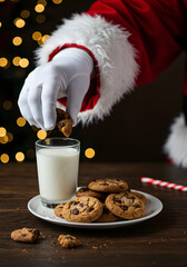Close-up of Santa’s gloved hand reaching for a plate of chocolate chip cookies and a glass of milk on a table, cookie crumbs visible, soft warm lights, shallow depth of field - 1