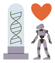 Robot beside DNA strand in glass case with heart shape above, illustrating the synergy between AI, genetics, and human emotion. Ideal for innovation, biotechnology, AI, humanity, ethics genetics