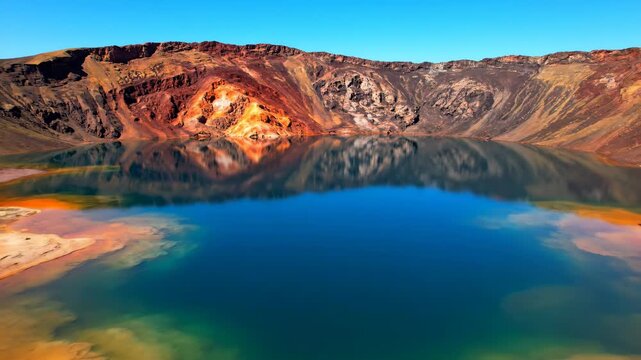 A scenic lake reflecting mountain and sky on a bright day