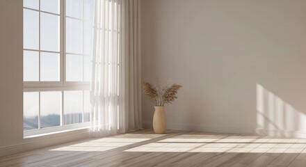 Bright Minimalist Room Interior with Large Window and Dried Flowers Decor