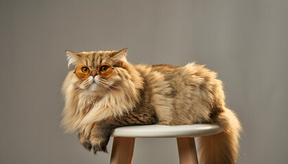Studio portrait of a fluffy highland straight cat sitting gracefully on a stool, wearing golden round sunglasses. Minimal neutral background emphasizing sophistication, calmness, and a sense of high-e