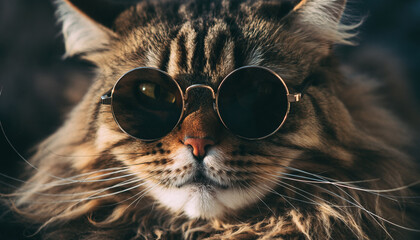 Close-up of a fluffy cat with round black shades and slightly messy hair, giving a rockstar attitude. Dramatic lighting enhances textures of the fur and glasses 