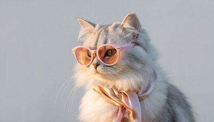 Fluffy white cat with long hair styled neatly, wearing pastel pink glasses and a silk scarf. Shot against a light gray background with a clean, minimal aesthetic