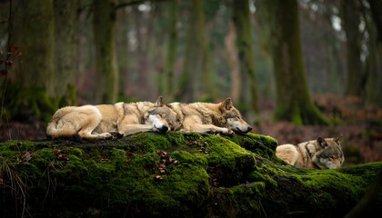 Wolves resting in mossy forest