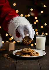 Close-up of Santa’s gloved hand reaching for a plate of chocolate chip cookies and a glass of milk on a table, cookie crumbs visible, soft warm lights, shallow depth of field - 1