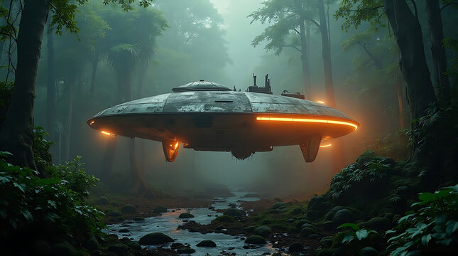 A futuristic UFO hovers above a shallow stream in a dense, misty forest, emitting a soft orange glow from its underside.