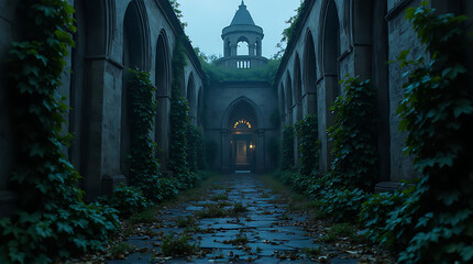 Obraz premium An eerie, overgrown corridor with gothic arches leads to a distant, illuminated doorway beneath a tower, shrouded in twilight.