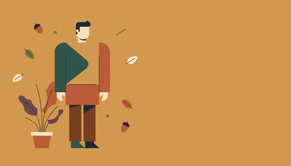 Minimalist illustration of a man standing next to a houseplant with falling autumn leaves
