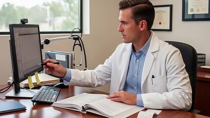 Professional male physician diligently examining digital patient charts on a monitor and cross-referencing medical texts in a well-lit office environment - Powered by Adobe