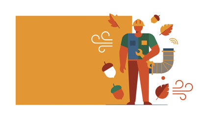 Autumn HVAC repair and maintenance illustration Technician with wrench and fall elements