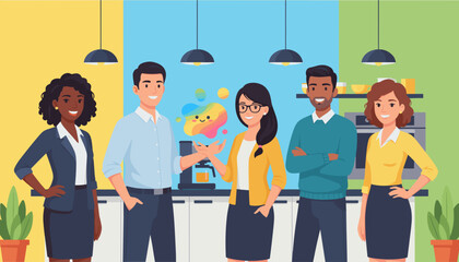 Multicultural business team discussing a creative concept illustration in the colorful office break room