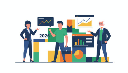Business professionals analyzing data charts strategy and financial forecasting for 2026