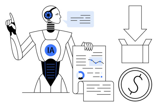 AI-powered humanoid presenting charts and documents, accompanied by growth analytics, financial sign, download box. Ideal for technology, automation, finance, data analysis, business machine