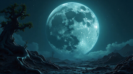 Fototapeta premium A full moon dominates the night sky over a serene landscape with a gnarled tree silhouetted against the lunar glow.