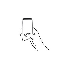 Minimalist Line Art Depicting a Hand Holding a Mobile Phone Device Illustration for Design Projects, Posters, and Modern Art Themes with a Clean White Background, Simple and Engaging