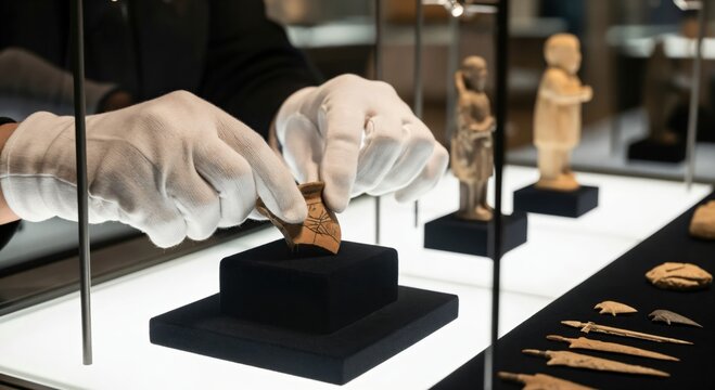Expert in white gloves carefully places an ancient pottery fragment onto a velvet stand within a museum display case, surrounded by historical artifacts and figurines