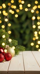 Festive Holiday Season Decorations on Wooden Table with Blurry Lights Background