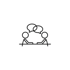 The Icon Depicts Two Stick Figures Engaging in a Discussion or Conversation, Represented by Speech Bubbles, Suggesting a Meeting, Negotiation, or Exchange of Ideas