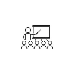 Simple Black and White Line Art Depicting a Person Presenting Information to a Group of People using a Whiteboard in a Classroom Setting, Highlighting Knowledge Transfer and Education