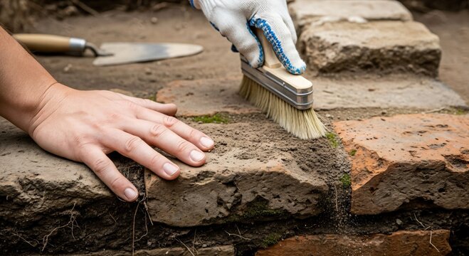 Archaeologist's hands carefully brushing dirt from ancient brick wall during excavation, revealing historical structure.