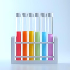 Colorful liquids in test tubes arranged in a rack for science experiments and research