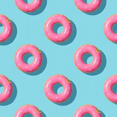The seamless pattern of pink inflatable pool rings designed to look like frosted donuts with colorful sprinkles with pastel blue background, creating a fun and vibrant summer aesthetic.