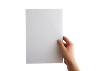 Hand holding a blank white book, notebook, booklet or brochure mockup for design presentation. Isolated on transparent background