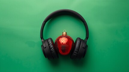 A pair of black headphones against a green background, with a shiny red disco ball ornament between the earcups. A cheerful blend of holiday music and themes with a clean, contemporary aesthetic.