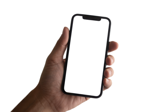 Hand holding a modern smartphone with a blank white screen for mockup or copy space. Isolated on transparent background