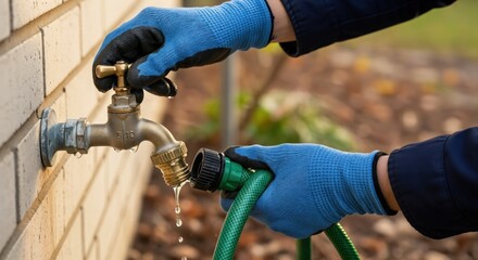 Person in blue work gloves connecting a green garden hose to an outdoor brass water faucet on a brick wall, with water dripping