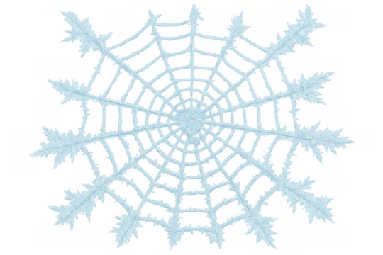 Frozen spider web forming a unique snowflake, capturing frost patterns and a cold winter atmosphere