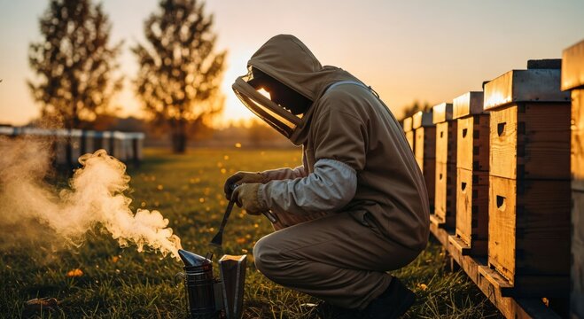 Professional beekeeper in protective suit preparing a bee smoker at an apiary during a golden hour sunset, tending to beehives in a rural field.