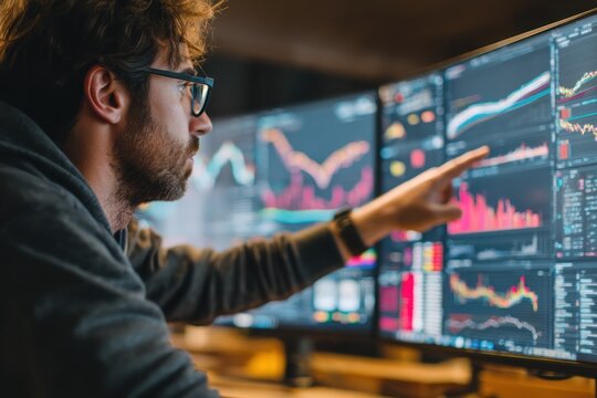 Man analyzing stock data on multiple computer screens