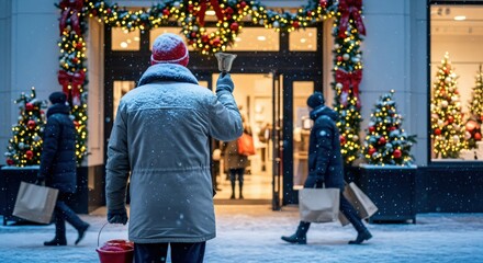 Rear view of a male charity bell ringer collecting donations in front of a festive store entrance during a snowy winter holiday season