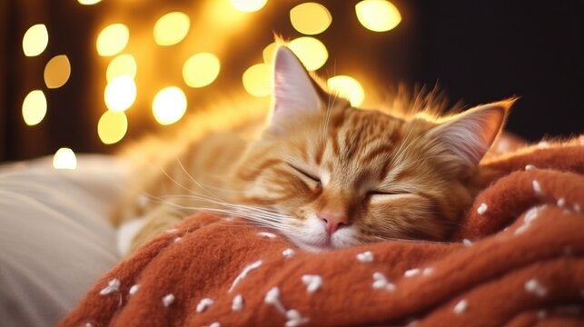A Cozy Orange Cat Sleeping Soundly on a m Blanket with Bokeh Lights in the Background