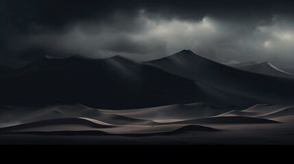 A dark and brooding desert landscape under a stormy, overcast sky