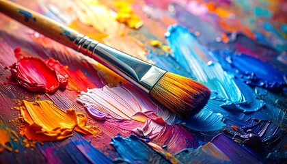 Fototapeta premium Vibrant paint palette with brush