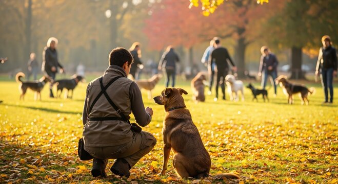 Man training his dog in a sunny autumn park with other people and dogs in the background