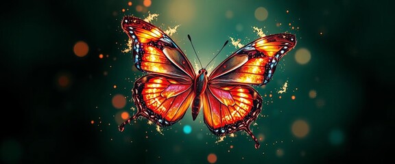 Glitching butterfly with digital artifacts, distorted wings, emerging from a pixelated background, symbolizing an image error or imperfection,  bug,  flawed