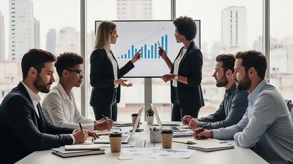 Dynamic business professionals collaborating on strategy, analyzing growth charts during a focused meeting in a sleek office, driving corporate success and future development - Powered by Adobe