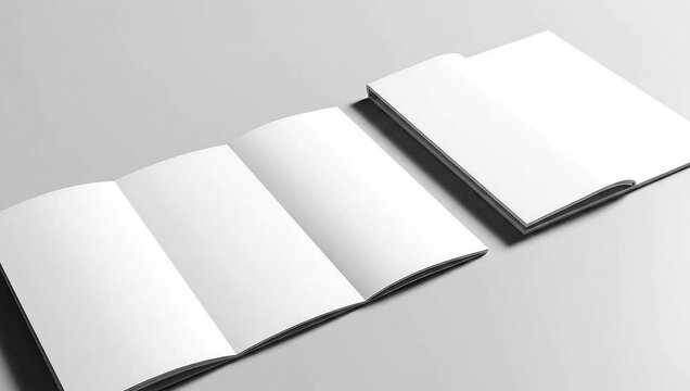Two blank tri-fold brochures mockup template, unfolded and stacked on a simple grey background, perfect for presenting design projects and showcasing marketing materials