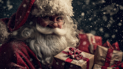 Santa Claus Smiling With Presents in a Snowy Setting